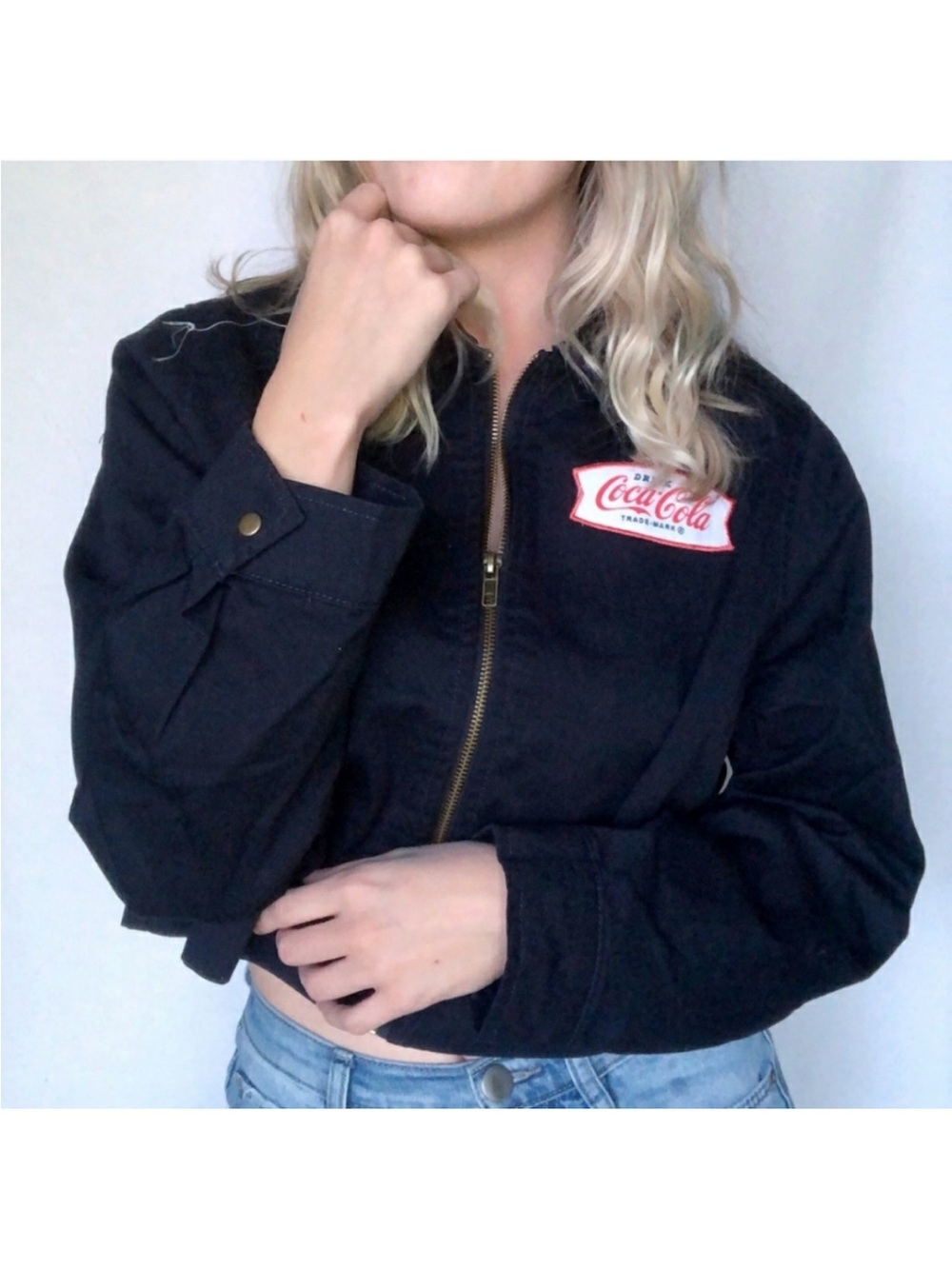 Coca Cola Black Cropped Zip-Up Bomber Jacket with Logo Patch